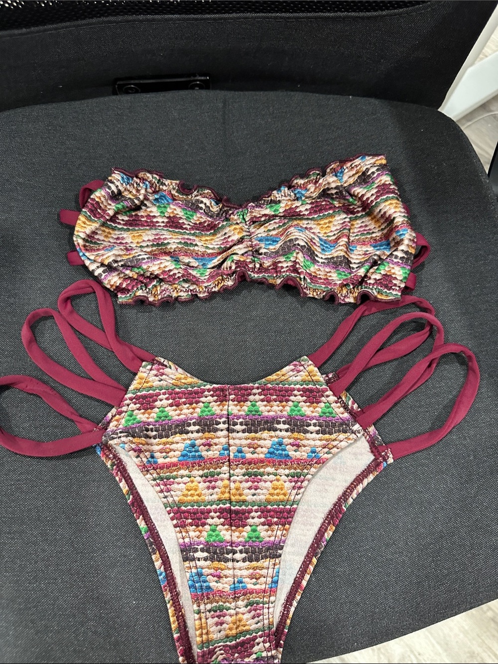 Montce Multicolor Smocked Bikini with Maroon Straps